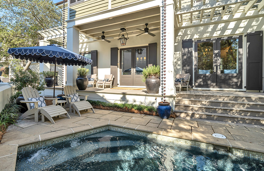 A pool courtyard view at the Barbarossa vacation rental home in Rosemary Beach, Florida